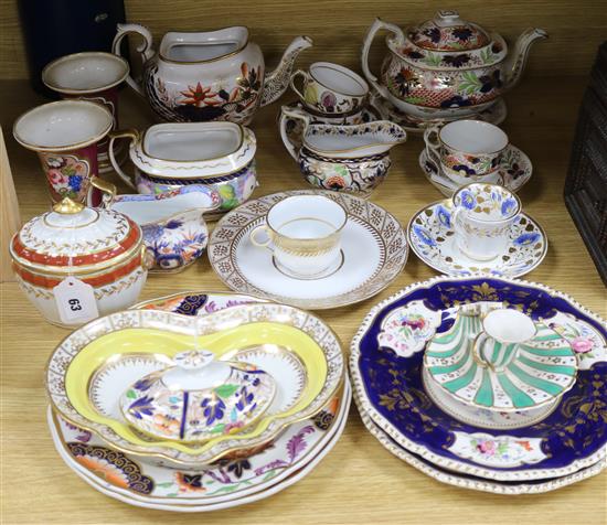 A collection of Regency ceramics to include a pair of Derby plates, trumpet vases, Imari wares, teapot and cover, stand etc